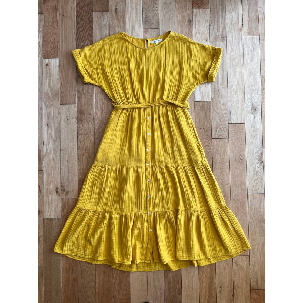 Xirena Gauze Tiered Midi Dress Sun Yellow Button Front Skirt Tie Waist Womens M